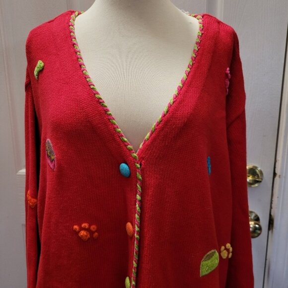 New Quacker Factory Sweater Cardigan Dogs Cats Animals Print Red Size 3X 3XL - Picture 4 of 9